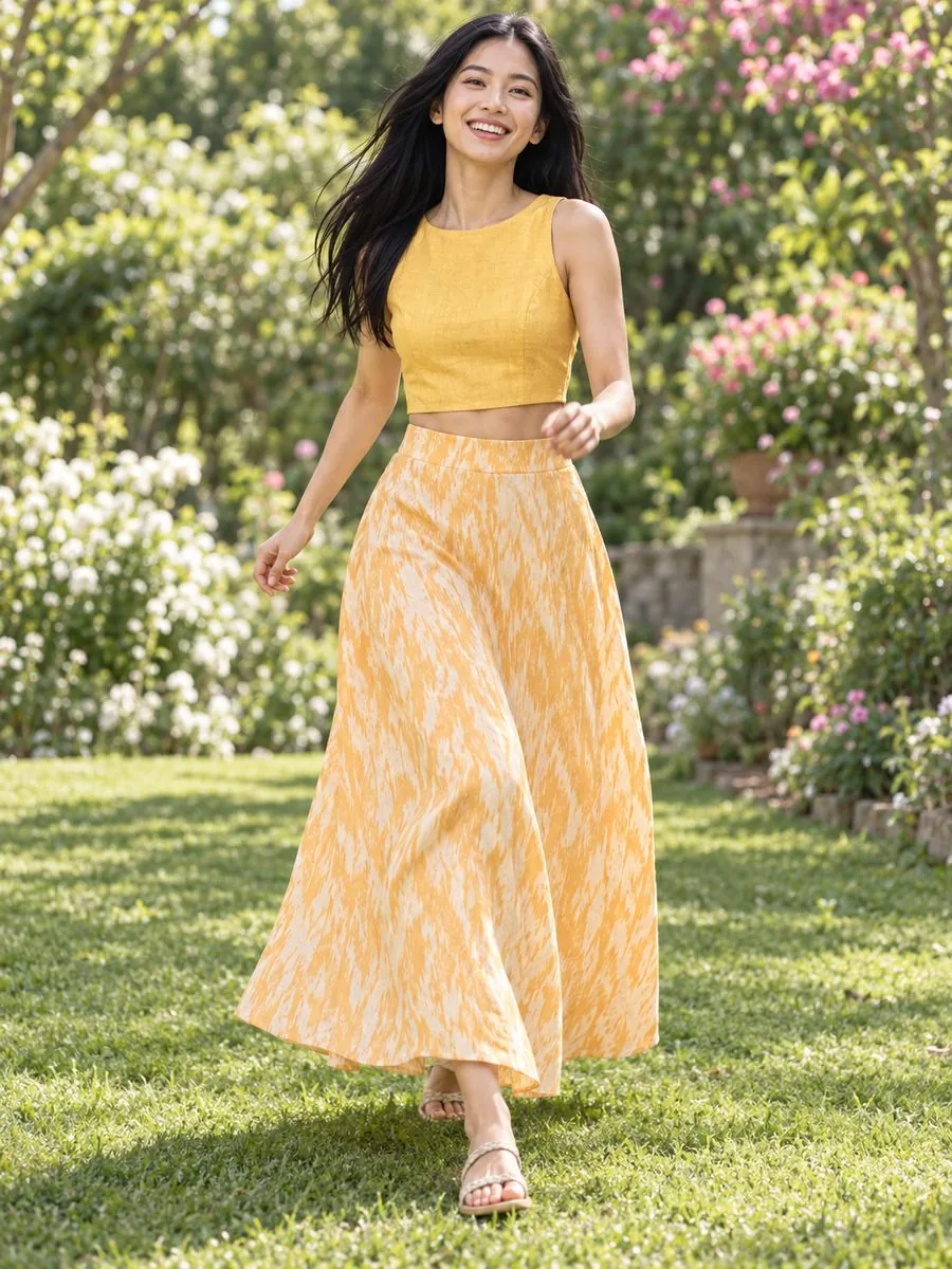 Modern women's outfit in a Beta Weaving yarn-dyed woven skirt